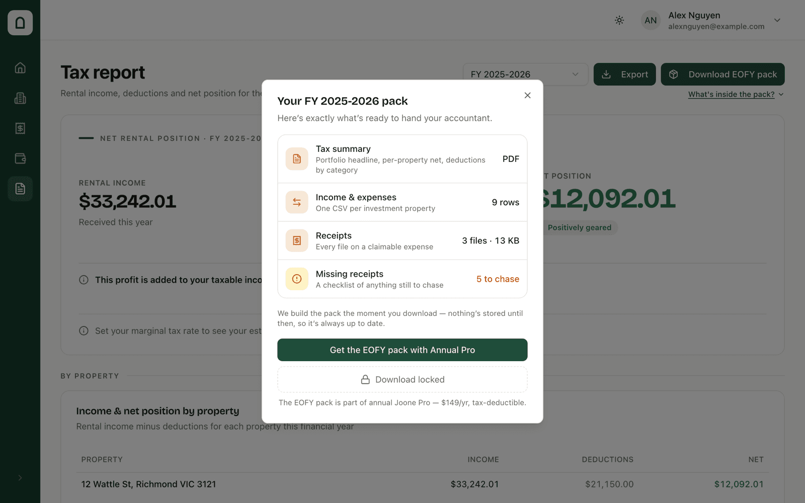 EOFY pack preview listing the summary PDF, transactions and receipts