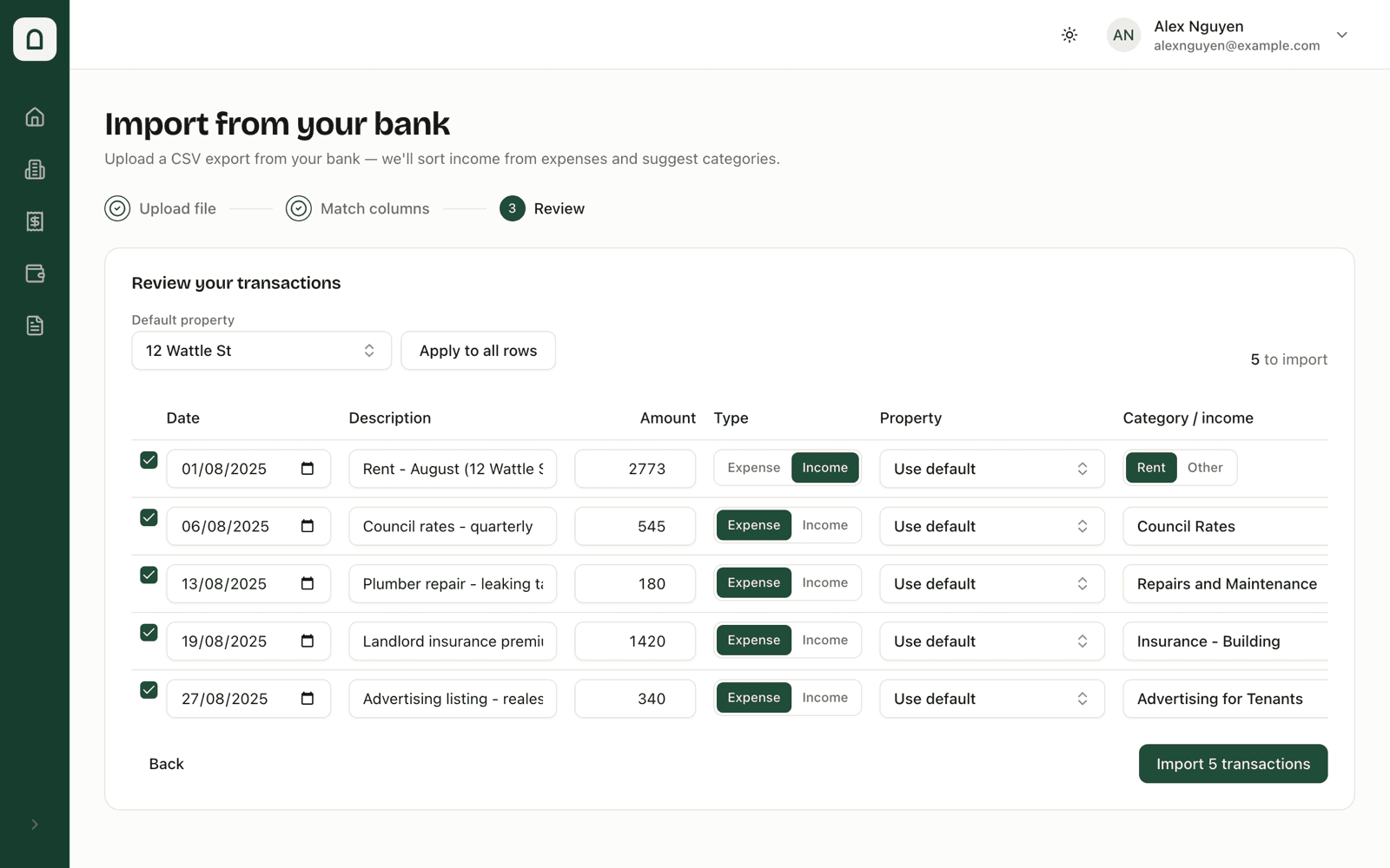 CSV import review screen sorting bank transactions into ATO categories