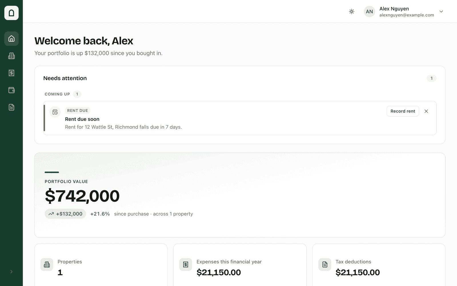 Portfolio dashboard with properties, cash flow and capital growth
