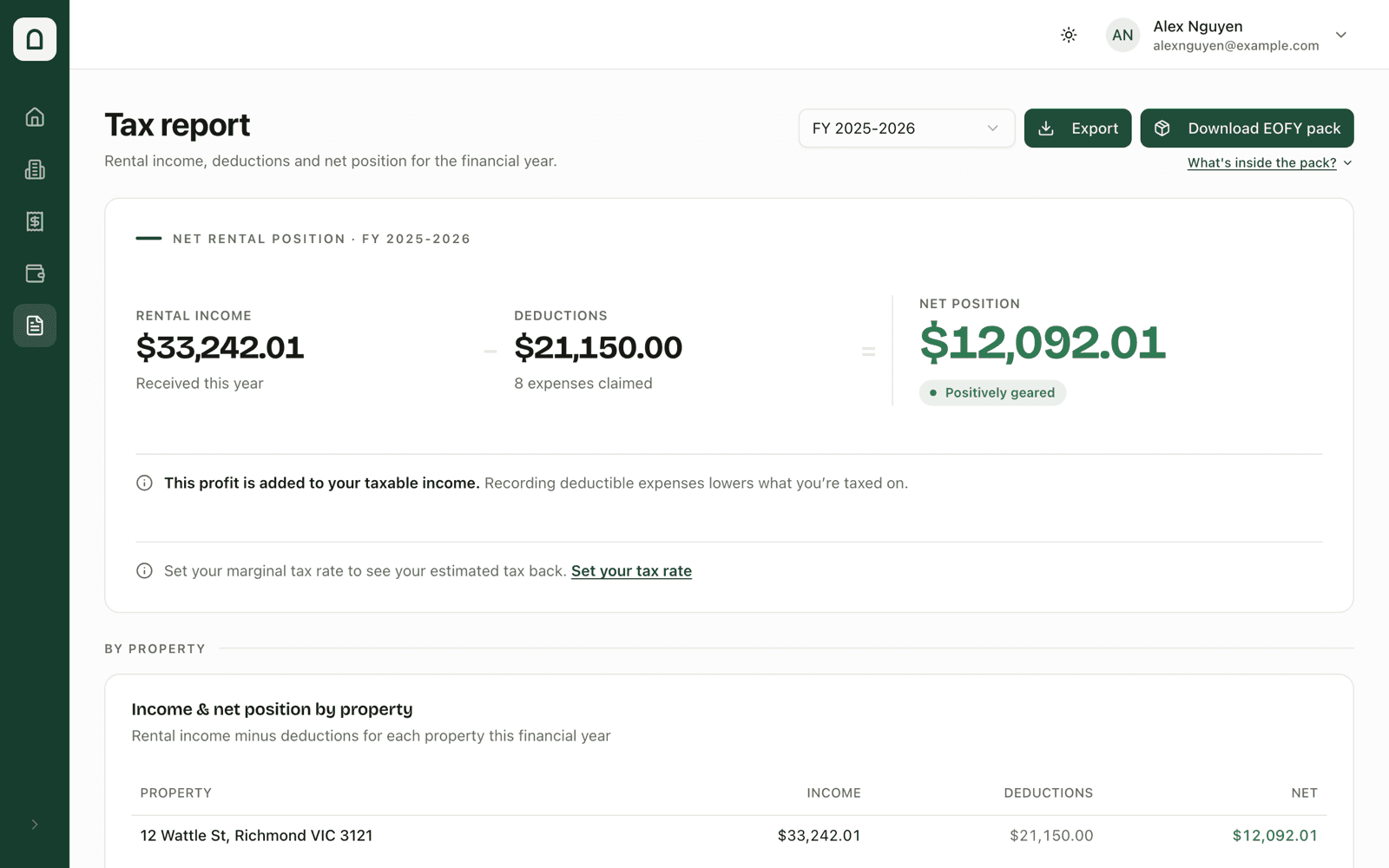 Joone tax report showing rent received, deductions and net position